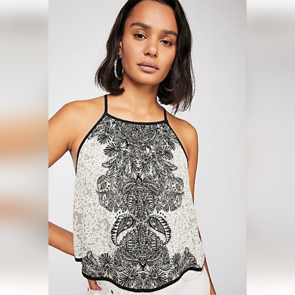 Free People Black & White Printed Tie-Back Tank